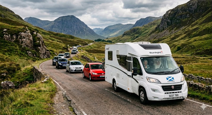 Mit dem Wohnmobil in Schottland 1 Wohnmobil mit Autoschlange hinter sich in Schottland