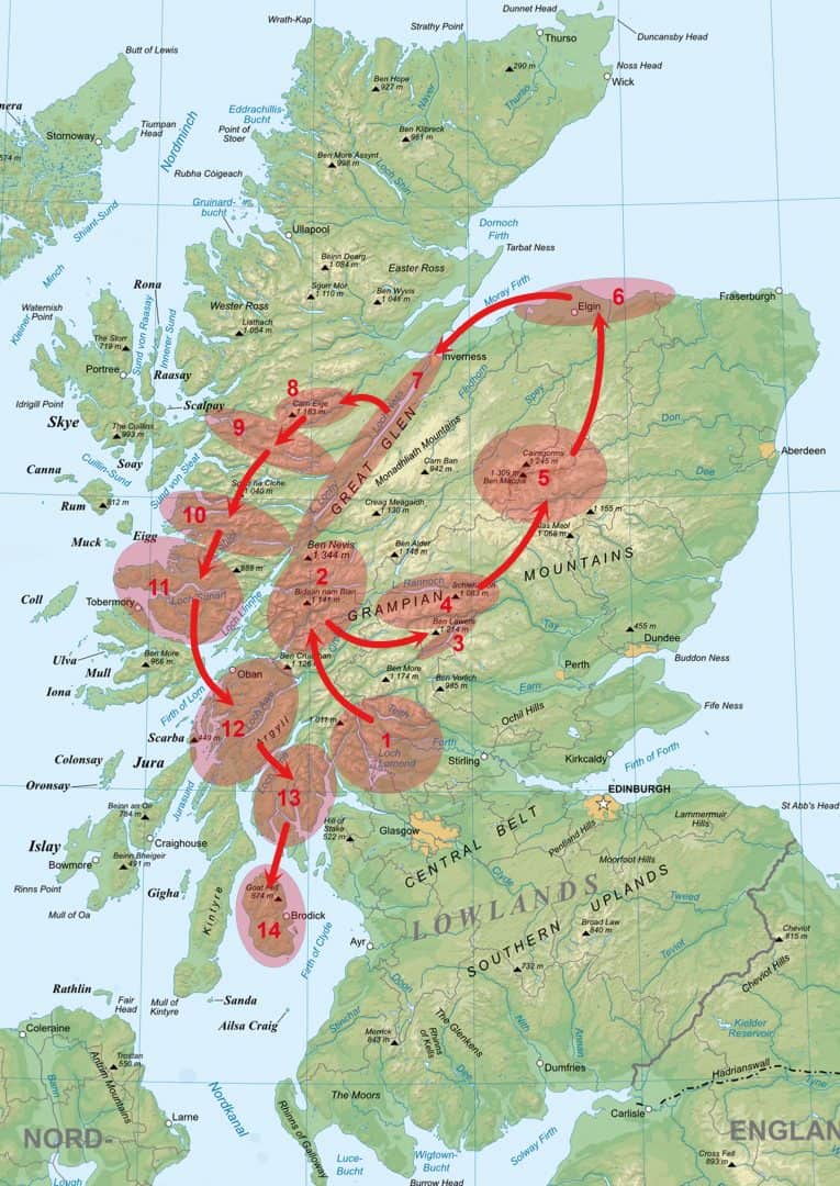 Karte von den zentralen Highlands mit Markierungen zum Buchinhalt